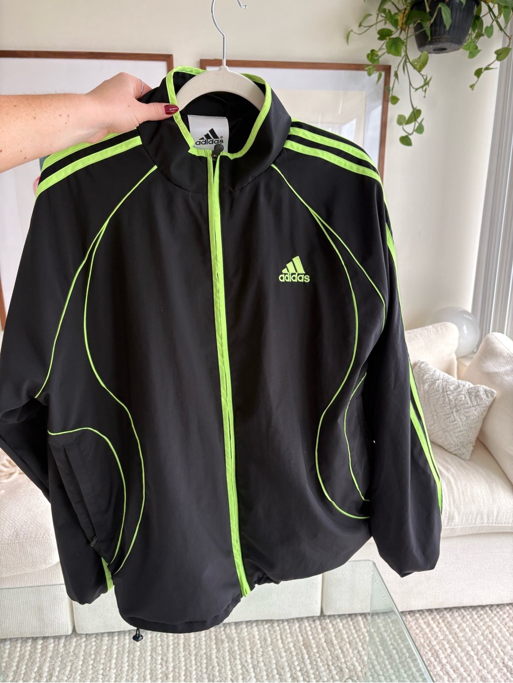 adidas Black Windbreaker Jacket with Neon Green Trim